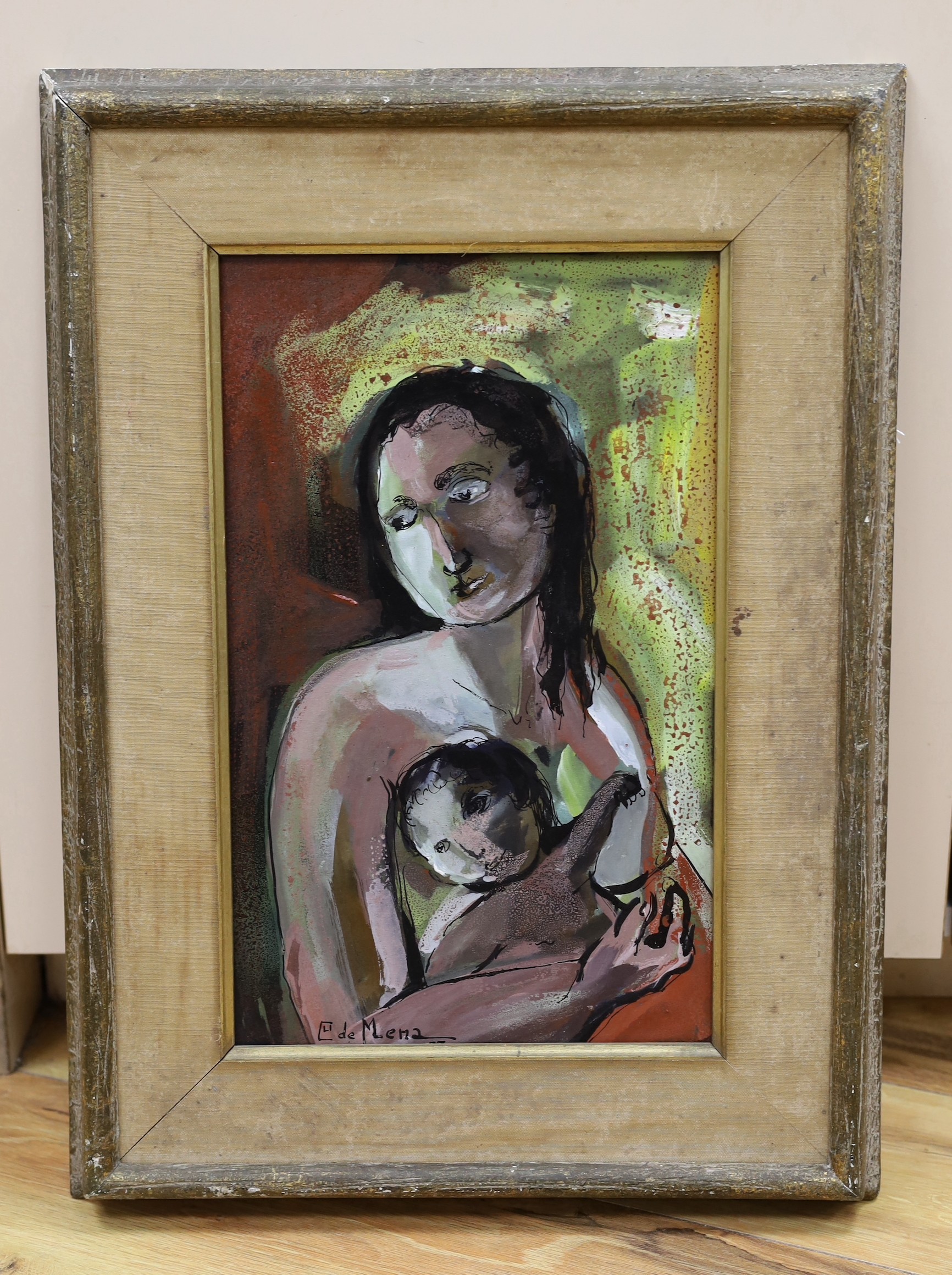 Margarita de Mena, mixed media on card, Mother and child, signed, 38 x 23cm
